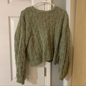 Green Balloon-Sleeve Crop Sweater